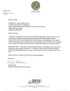 picture of NCDEQ letter granting temporary waiver of waste lagoon sampling