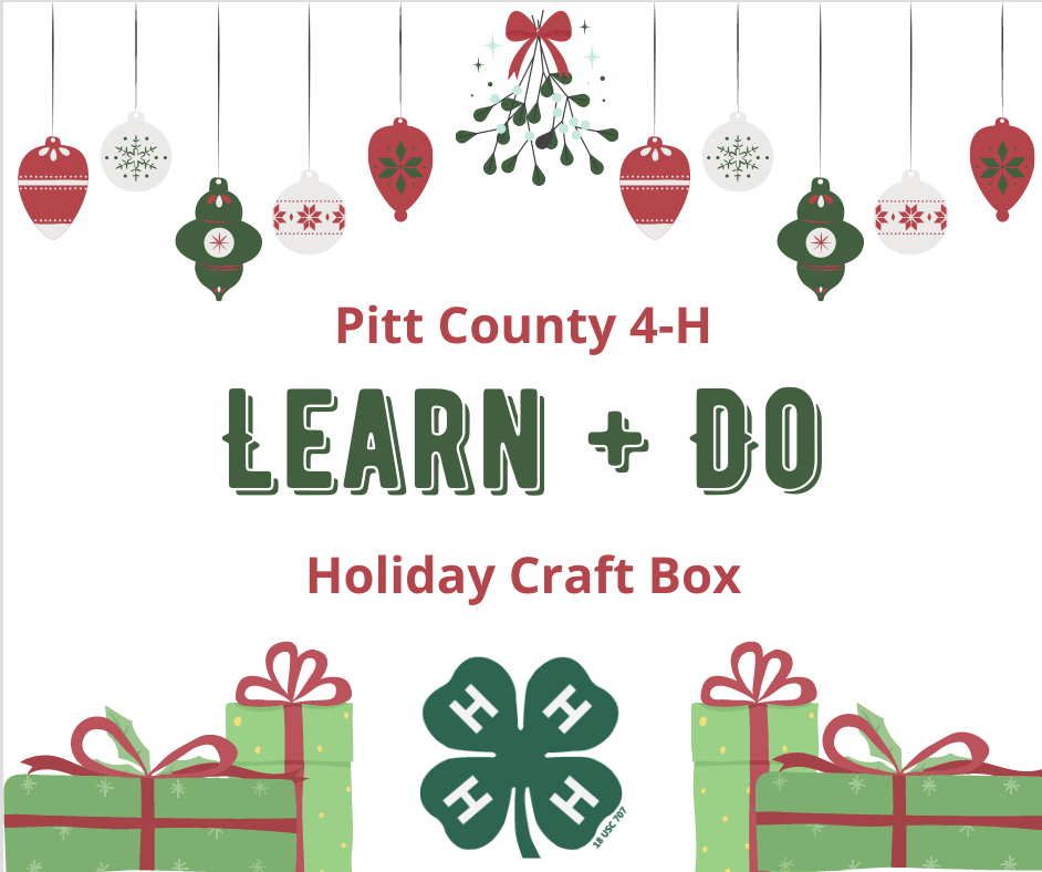 Learn and Do Holiday Craft Box, holiday ornaments, gift boxes, and 4-H logo. 