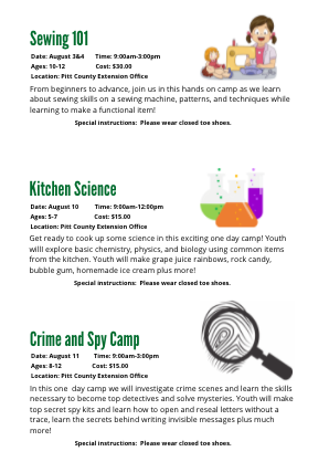Sewing 101, Kitchen Science, Crime and Spy Camp