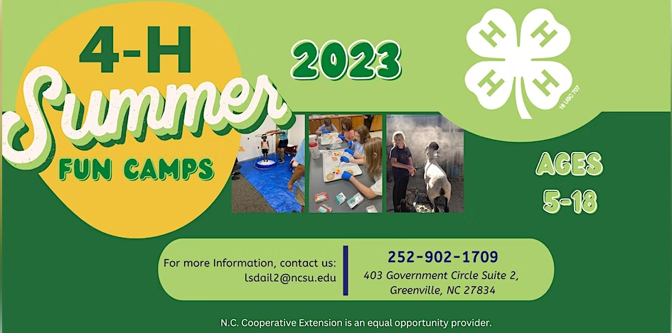 4-H summer fun camp 2023, age 5-18, for more information call 252-902-1714